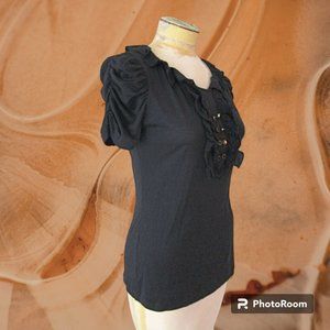 Leifsdottir - Silk knit, tuxedo ruffle top with front puff ruched sleeves